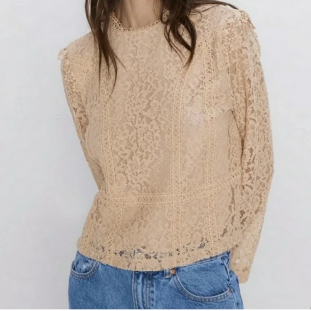 Zara Lace Long Sleeve Cream Blouse